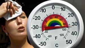 Eine junge Frau wischt sich am 17.6.2002 in der Hildesheimer Börde beim Anblick eines Thermometers, das tropische Hitze mit Temperaturen von fast 35 Grad anzeigt, die Schweißperlen von der Stirn. Flirrende Hitze brachte auch am 18. Juni die Menschen in ganz Europa mächtig ins Schwitzen. In Deutschland löste das Hoch "Xabier" bei den Wetterexperten Rekordfieber aus. "In vielen Orten sind gestern und heute Rekordwerte für diese Tage seit Beginn der Wetteraufzeichnungen erreicht worden", sagte Meteorologe Reiff vom Wetteramt Essen. Am 19.6. bringt das Tief "Saskia" nach Angaben des Wetterdienstes Meteomedia aber wieder schlechteres Wetter.