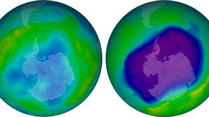 HANDOUT - KOMBO - Das Ozonloch über der Antarktis am 24.09.2006 (r) und am 09.06.2013 auf einer Computergrafik. Die blauen und violetten Farben zeigen an, dass die Ozonschicht dünn ist, die gelben, grünen und roten weisen auf mehr Ozon hin. Fotos: NASA/dpa  (zu dpa ««Erfolgsgeschichte»: Der Kampf gegen das Ozonloch» vom 14.09.2016) ACHTUNG: Nur zur redaktionellen Verwendung und nur mit Nennung «Foto: NASA/dpa» +++(c) dpa - Bildfunk+++