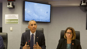United States President Barack Obama makes a statement after receiving a briefing on Hurricane Matthew at the Federal Emergency Management Agency