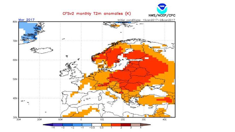 Deutschland zu warm. Die Langfristprognose der amerikanischen Wetterbehörde NOAA für März 2017.