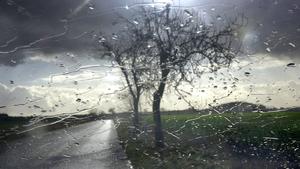 Blick durch die verregnete Frontscheibe eines Autos am Dienstag (12.02.2002) auf einer Straße in der Altmark bei Klötze. Schauerartiger Regen und starker Wind bei frühlingshaften Temperaturen im Februar ließen eher Aprilwetter vermuten. ZB FUNKREGIO OST/lah -Honorarfrei nur für Bezieher des ZB-Regiodienstes- |