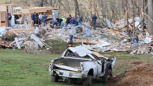 A destroyed pickup truck sits in a field as volunteers clear debris in Perryville, Missouri on March 1, 2017, following a tornado that killed one injuring 20 and damaged nearly 100 homes on February 28, 2017. Perryville is 80 miles south of St. Louis. Photo by Rick Meyer/UPI Photo via Newscom picture alliance |