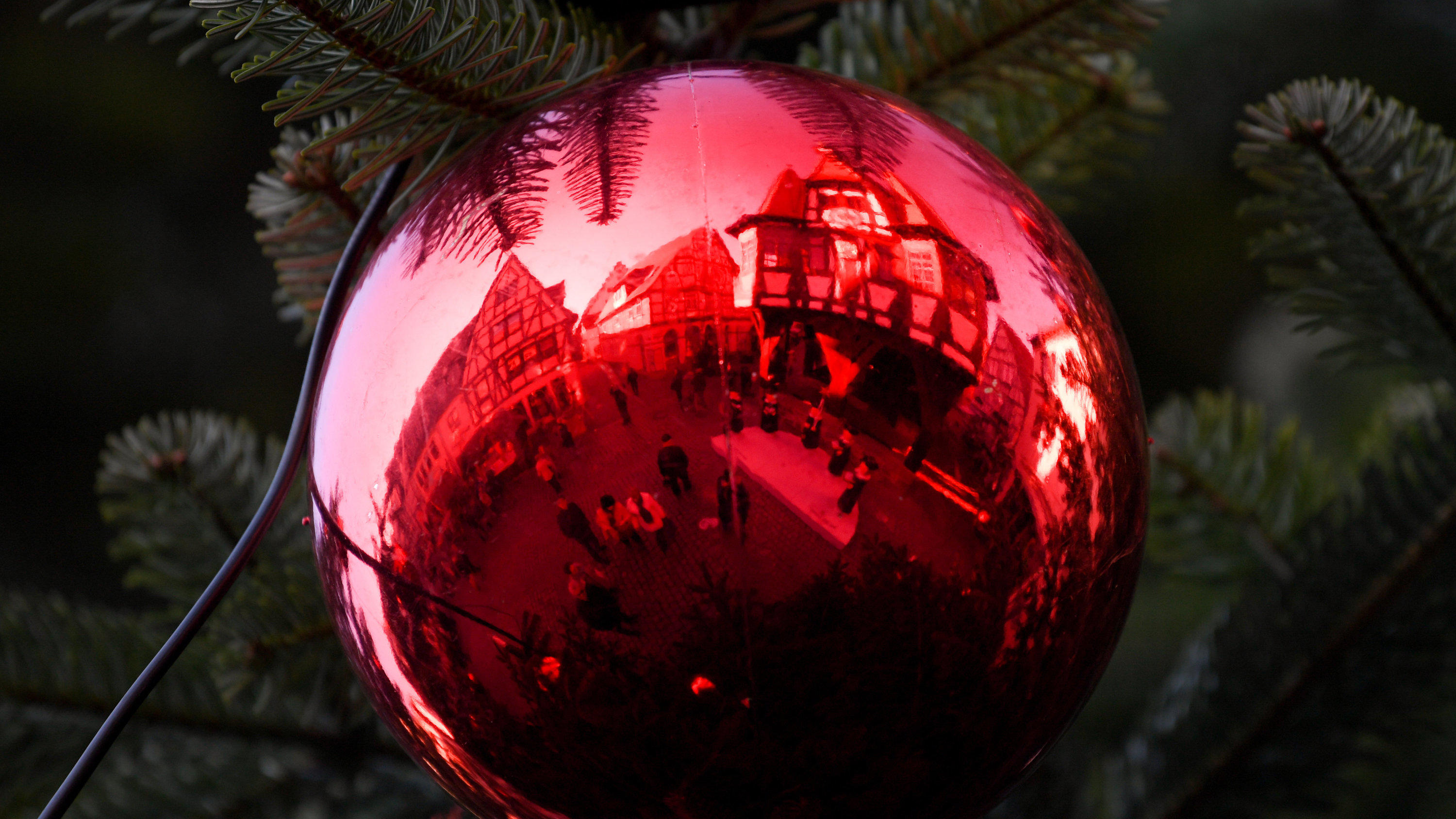 Deko-Kugel hängt in einem Weihnachtsbaum