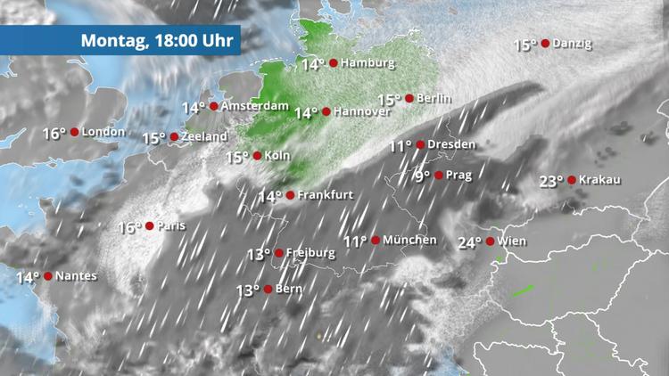 Regen in Südosthälfte, freundlich im Nordwesten